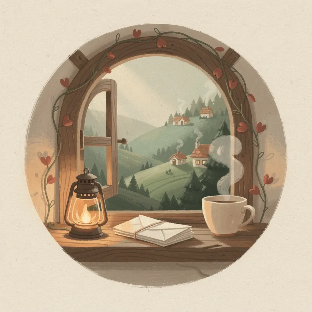 A painted cottage windowsill with a teacup, a bundle of letters and a lantern, looking out over a valley of small houses.