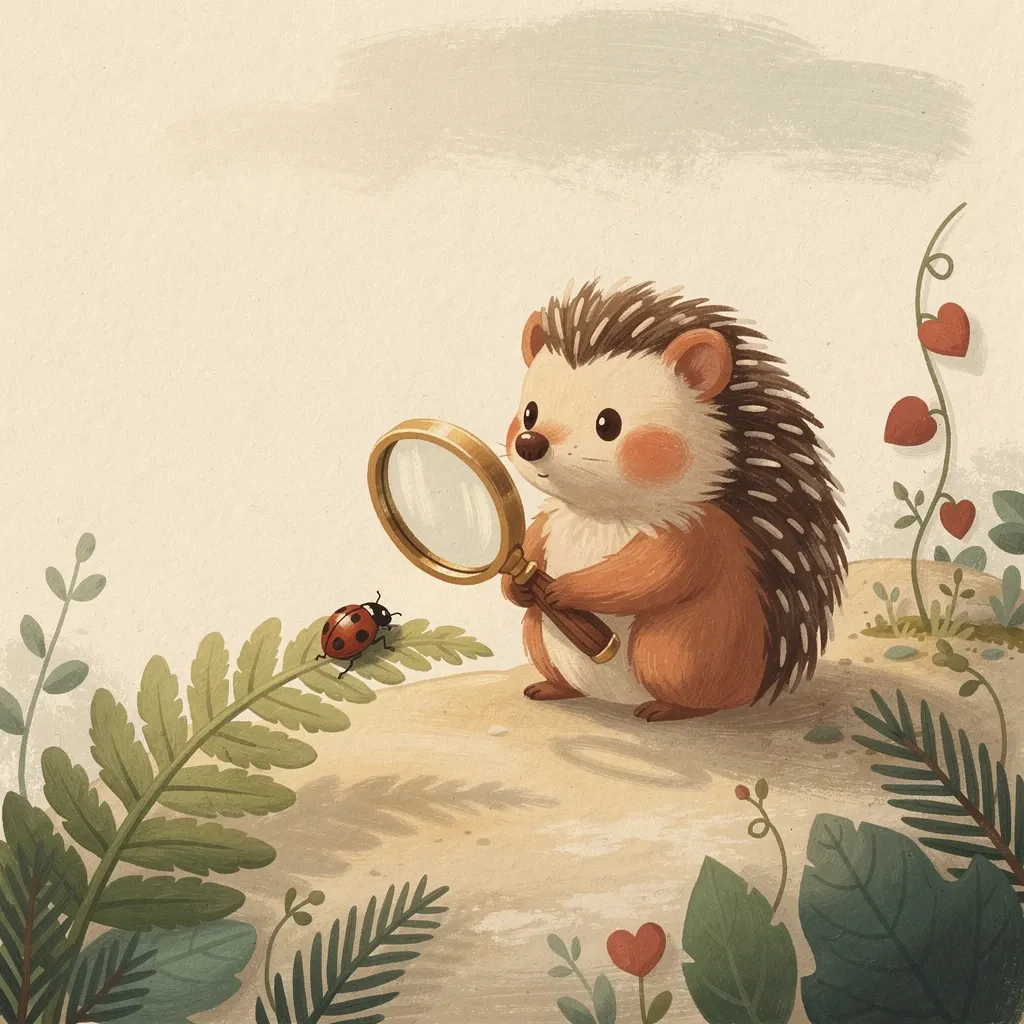 A hedgehog with a magnifying glass looking at a ladybird.